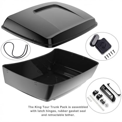 Moto Onfire King Tour Trunk Pack For 2009+ Harley Touring - Atlas Silver Metallic, Black Detachable Mounting Rack, Backrest & Black Trunk Liners - color: Atlas Silver Metallic, size: King Tour Trunk Pack, Mount Rack & Black Liners