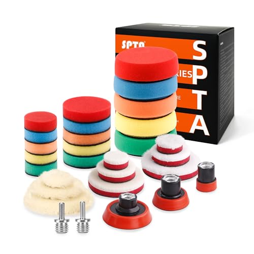 SPTA 29pcs Drill Buffing Pad Detail Polishing Pad Mix Size Kit with 5/8-11 Thread Backing pad & Adapters for Car Sanding, Polishing, Waxing (29Pcs Mini Polishing Pad Set1) - color: 29Pcs Mini Polishing Pad Set1
