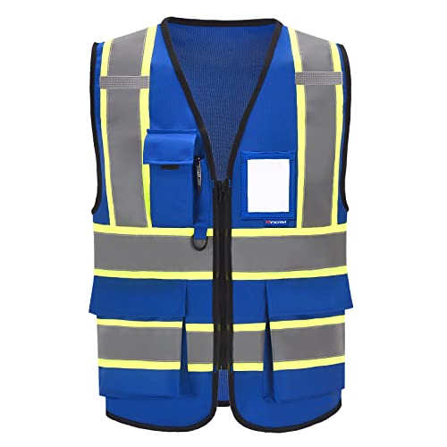 AYKRM 11 color High Vis Reflective Safety Vest for Women Men Pocket Zipper ANSI/ISEA Standard - color: Blue, size: Small