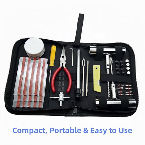 55PCS Tire Repair Kit – Heavy Duty Plug & Patch Kit with Tire Gauge & Valve Tools – Emergency Flat Tire Repair for Car, Truck, Motorcycle, ATV, SUV – Includes Storage Bag & Manual