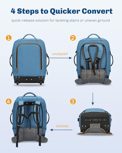 Hynes Eagle 2 in 1 Travel Backpack 22 inches Carry on Luggage 63L Rolling Backpack for Men Women with Packing Cubes 3PCS Set - color: Blue