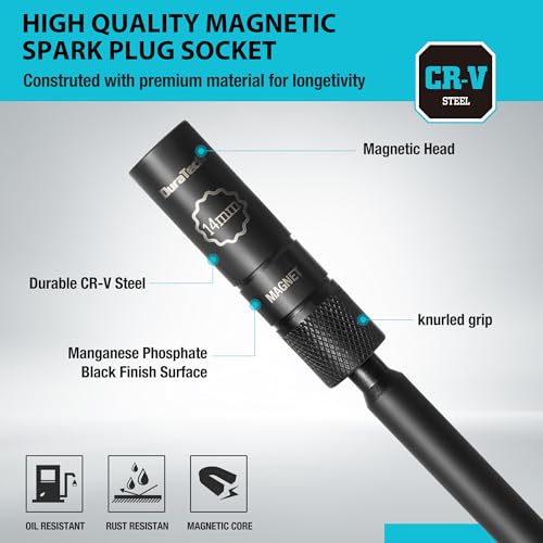 DURATECH 14mm Swivel Magnetic Spark Plug Socket, 1MM Thin Wall Spark Plugs Socket with 12-Point, Enhanced Magnetic Head & Manganese Phosphate Coating, 3/8" Drive x 12" Total Length, Cr-V Steel Made - size: 9/16" x 3/8" x 12"
