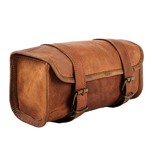 Leather Handlebar Bag Brown Saddle Motorcycle Bag Bicycle Tool Bag Buff Leather Travel Accessory Pouch (Tan Brown)