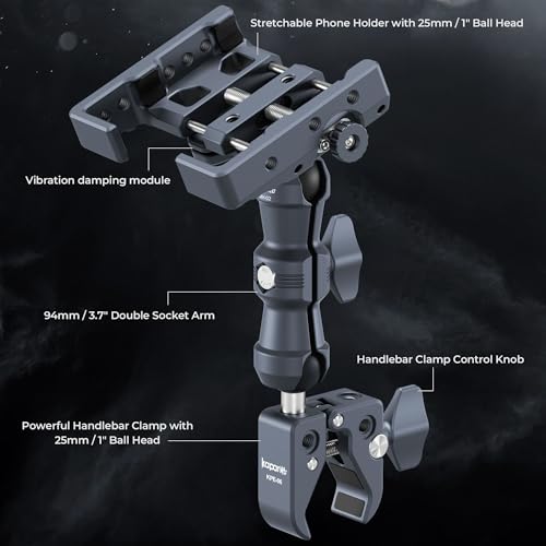 Anti-Shake Motorcycle Phone Holder, Super Clamp Fits 0.5"-2" Diameter Bars, 25mm Ball Head & Double Socket Arm, 360° Rotatable, Universal for iPhone/Samsung/Android Phones Width 2.56"-3.74" (KPS-14) - color: KPS-14