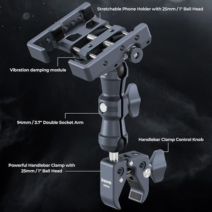 Anti-Shake Motorcycle Phone Holder, Super Clamp Fits 0.5"-2" Diameter Bars, 25mm Ball Head & Double Socket Arm, 360° Rotatable, Universal for iPhone/Samsung/Android Phones Width 2.56"-3.74" (KPS-14) - color: KPS-14