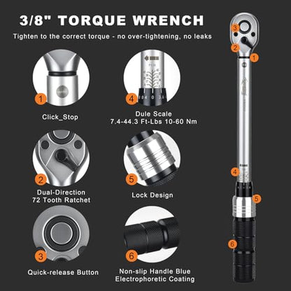 AEROFORCE 14PCS 3/8-Inch Drive Swivel Magnetic Spark Plug Socket Set with 3/8'' Torque Wrench (5-45 Lb.ft/6.8-61.2 Nm), Universal Joint & Extension Bar - Durable CR-V Steel for Easy Spark Plug Removal - size: 14PCS full Magnetic