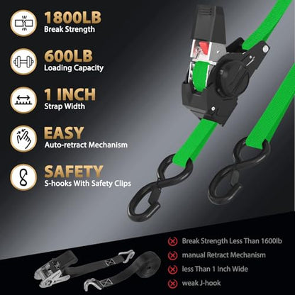 Retractable Ratchet Straps (4-Pack) - 1 in x 10 Ft (1800 LB Break Strength) Heavy Duty Self Retracting Ratchet Straps with Soft Loops & Storage Bag for Household, Motorcycle, Truck, ATV(Green) - style: Green-4 Pack