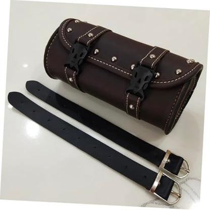PU Leather Motorcycle Saddlebag with Two Mounting Straps Dark Brown Round Tool Bag for Motorcycles Side Storage Luggage Bag for Bikes