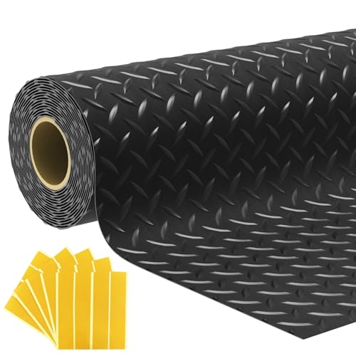 7.5x25 FT Garage Floor Mat, 2.8mm Thickened Flooring Roll Under Car Mat with 20Pcs Tapes, Diamond Plate, Non-Slip Floor Protector Mat for Trailer, Garage, Warehouse, Gyms, Trailer, Matte Black - color: Matte Black, size: 7.5x25 FT