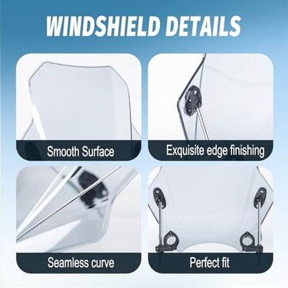 Motorcycle Universal Windshield 16.7” Windscreen Compatible with Yamaha Harley Honda Kawasaki Suzuki BMW Vulcan Cruiser Wind Deflector with 7/8" 1" 1 1/8" Handlebars, Transparent - color: Transparent