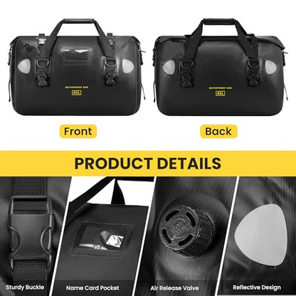 HOMIEE 40L Waterproof Duffel Bag, Waterproof Motorcycle Dry Travel Bag Tail Bag with Roll Top Closure & Shoulder Straps Outer Mesh Zipper Pocket for Camping, Kayaking, Fishing & Traveling - color: Black