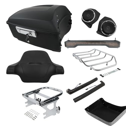 TCMT Matte King Motorcycle Trunk Box Backrest Pad Tail Side Light Speakers Two Up Mounting Rack Fit For Harley Touring 1997-2008 Electra Glide Road Glide Street Glide Pack - color: With Speaker Holes: Style A