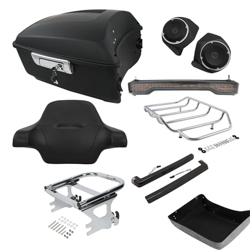 TCMT Matte King Motorcycle Trunk Box Backrest Pad Tail Side Light Speakers Two Up Mounting Rack Fit For Harley Touring 1997-2008 Electra Glide Road Glide Street Glide Pack - color: With Speaker Holes: Style A