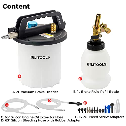 BILITOOLS 3L Universal Brake Bleeder Kit, Vacuum Brake Fluid Bleeding Tool | Pneumatic One Person Air Compressor Brake System Clutch Fluid Extractor Kit with 1L Refilling Bottle, Clean & Efficient