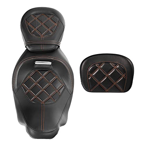 SLMOTO Motorcycle Rider Seat with Passenger Sissy Bar Tour Trunk Pad Fit for Harley Davidson Touring Road King Street Glide Road Glide Tri-Glide 09-20 Trike 10-22 CVO Custom Bikes Brown Stitching - color: Brown