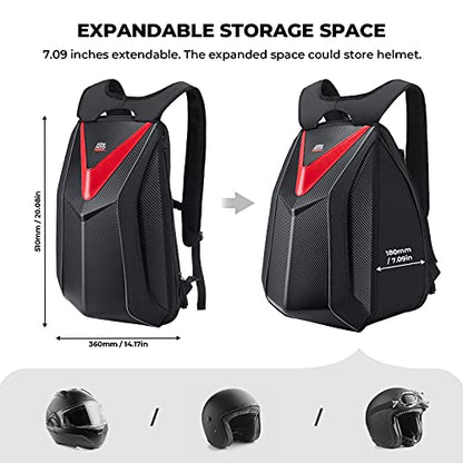 KEMIMOTO Motorcycle Backpack, Hardshell Helmet Backpack Expandable Large Capacity Riding Bag, Water Resistant Lightweight for Riding Work Gym