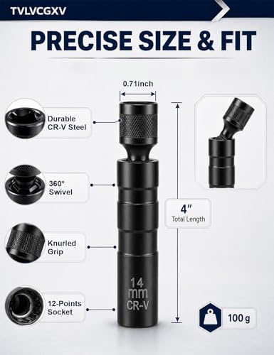 2026 Upgraded 14mm Swivel Magnetic Spark Plug Socket, 3/8" Drive 12-Point Thin Wall Spark Plug Socket, CR-V Steel with Black Phosphate Coating, Professional Removal Tool