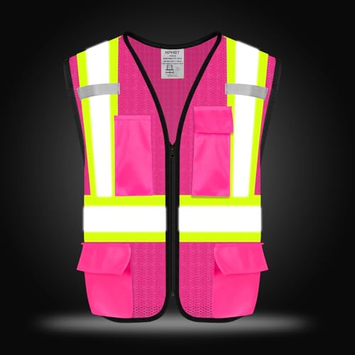 Safety Vest with Pockets - High Visibility Reflective Mesh Vest for Men & Women - color: Pink, size: X-Small