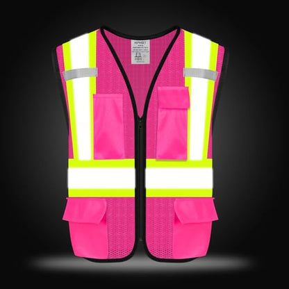 Safety Vest with Pockets - High Visibility Reflective Mesh Vest for Men & Women - color: Pink, size: X-Small