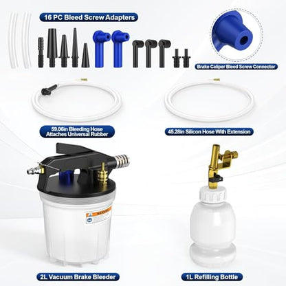 Luney Brake Bleeder Kit, Pneumatic Brake Fluid Bleeder Kit, One Person Operation Vacuum Brake Bleeder & Clutch Bleeding Kit with 1L Refilling Bottle & 16 Adapters for Automotive Brake System