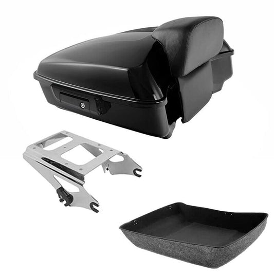 TCMT Chopped Motorcycle Trunk Box Backrest Pad Detachables Two-Up Mounting Rack Fit For Harley 2009-2013 Touring Road King Road Street Electra Glide Pack - color: Set B#Chrome Rack, size: Chopped Trunk Style A