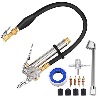 SAFELIFE Tire Inflator 10-120 PSI Tire Pressure Gauge with 18Inch Air Hose，Lock on Air Chuck, Heavy Duty 1/4'' NPT Tire Inflator Gauge Compatible with Air Pump Compressor for Car Truck Motorcycle Bike - size: 18" hose tire inflator gauge