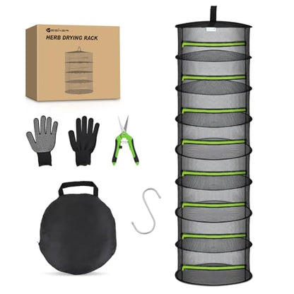 Yesker 8 Layer Herb Drying Rack Hanging Mesh Foldable Plant Drying Racks 24" w Green Zipper Pruning Shears Gloves Dryer Hanging Rack for Herbs Seed Bud Fruit Clothes Grow Tent Closets Garden Outdoor - size: 8 Layers Fluorescent Green & Black