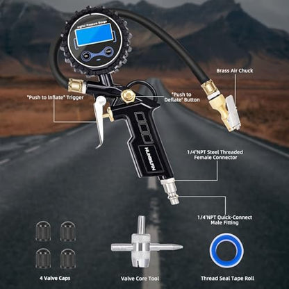 Tire Pressure Gauge with Inflator, 250 PSI Air Chuck and Compressor Accessory, Heavy Duty, with Quick Connector, 0.1 Display Resolution, Car, Motorcycle, SUV, Truck, RV Accessory