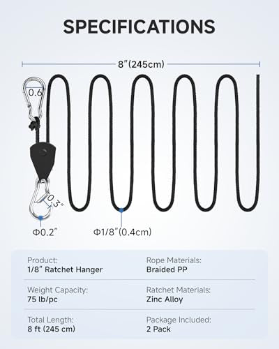 Fondwell 1/8" Adjustable Rope Hangers Ratchet: 2 Pack of Plant Pulleys for Hanging Plants Heavy Duty - Tie Down Straps with Pulley System - size: 1/8" 2-Pack