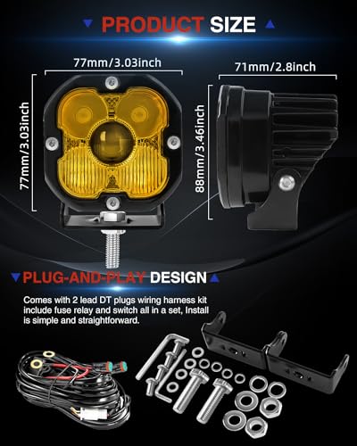 3 inch Yellow LED Fog Light Pods for Offroad Trucks Pickup Motorcycle UTV Amber Ditch/Rear Chasing/A-Pillar Lights 3000K 2PCS(+DT Wiring Harness) - size: 3 inch Yellow