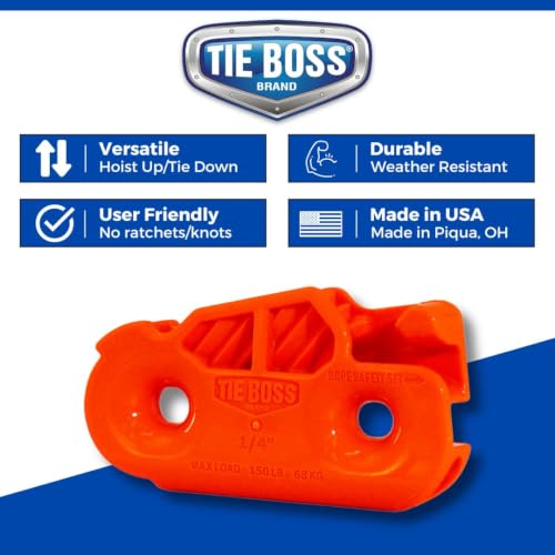 Tie Boss - 1/4 Inch, Medium Duty, (150 lbs Working Load Limit), Weather Resistant, Tie Down, Rope Tightening System, (w/15 ft Rope) (Pack of 1) (Orange) - color: Orange
