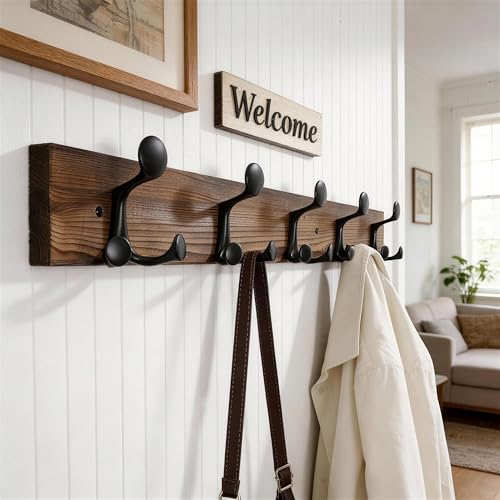 WEBI Coat Rack Wall Mount,30" Solid Wood Coat Hooks Wall Mounted Coat Hanger,16" Hole to Hole,Heavy Duty Hook Rack,5 Triple Hooks for Hanging Coats,Jacket,Hat,Backpack,Farmhouse,Brown - color: Brown, size: 30 Inch