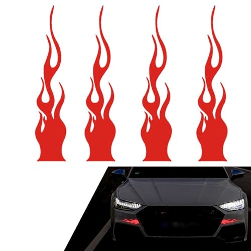 4 PCS Car Flame Reflective Sticker, 1.2" x 5.9" Waterproof Stripe Graphic Racing Sports Flame Decal, Vinyl Self Adhesive Safety Stickers for Car Bumper Mirror Motorcycle Helmet (Red) - color: Red