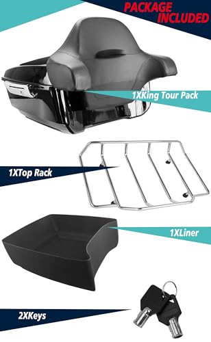 YHMOTO 13.7" King Tour Trunk+Around Backrest+Luggage Rack Fit for Harley Touring Road King, Road Glide, Street Glide,CVO 2014-2026 (King Tour Trunk+Around Backrest Pad+Top Rack-C) - color: King Tour Pack+Around Backrest Pad+Top Rack-C