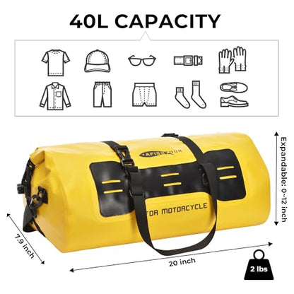 40L Waterproof Motorcycle Duffel Bag - Motorcycle Luggage Tail Bag with Straps for Back Seat - Roll Top Dry Bag for Kayaking, Rafting, Boating, Camping, Travel, Beach (Yellow)
