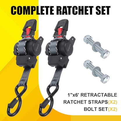 Ayaport Retractable Ratchet Straps 1 inch x 6ft, 2PK Bolt-on Tie Down Straps to Trailer - 1500lbs Break Strength, Transom Tie Downs for Cargo, Motorcycles, Jet Ski - size: 1in x 6ft-2pcs