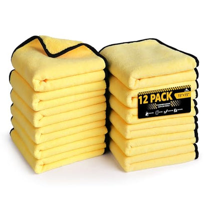 SMINDER 12-Pack Microfiber Cleaning Cloth, Car Drying Towels Car Detailing– XL Microfiber Towels for Cars, Trucks (15.7" x 15.7"), Ultra-Absorbent, Streak-Free, Scratch-Free, No Water Spots - color: Yellow