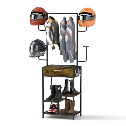 uyoyous Motorcycle Helmet Holder, Helmet Stand, Large Standing Helmet Holder, Metal Motorcycle Helmet Storage Rack with Drawer for Jacket, Hats, Multifunctional Helmet Rack, Motorcycle Accessories