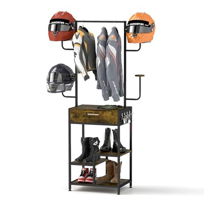 uyoyous Motorcycle Helmet Holder, Helmet Stand, Large Standing Helmet Holder, Metal Motorcycle Helmet Storage Rack with Drawer for Jacket, Hats, Multifunctional Helmet Rack, Motorcycle Accessories