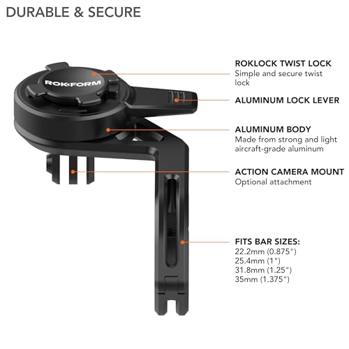Rokform - Over the Top Bike Phone Mount, Fits 4 Sizes of Bars 22.2-35mm (⅞-1⅜”), Bicycle Handlebar Mount Designed Twist Lock iPhone, Galaxy, Pixel Cases or Universal Adapter (Black)