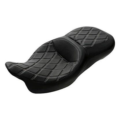 C.C. RIDER Driver Leather Passenger Seat - Fat Diamond 2-Up Gel Touring Seat Fit for Harley Touring Road King Street Glide Road Glide Electra Glide 2009-2023, Gray Brown Lattice - color: 11# Gel Grey with Coffee Stitches