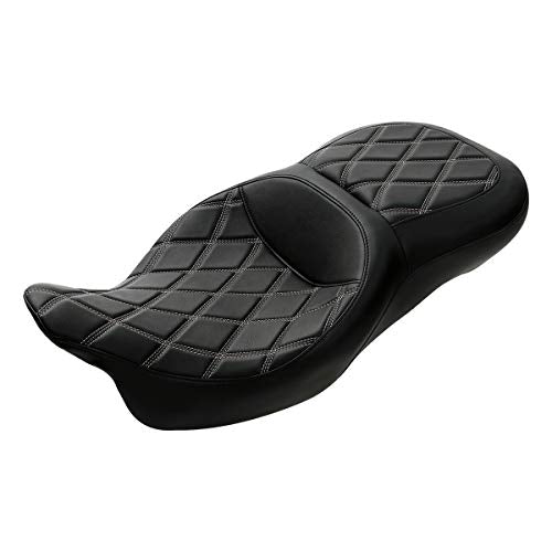 C.C. RIDER Driver Leather Passenger Seat - Fat Diamond 2-Up Gel Touring Seat Fit for Harley Touring Road King Street Glide Road Glide Electra Glide 2009-2023, Gray Brown Lattice - color: 11# Gel Grey with Coffee Stitches