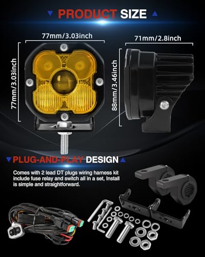 BraveWAY [Storbe] Motorcycle LED Fog Lights, 3 inch Yellow Auxiliary Light kit, ATV UTV Amber Driving Light Pods 3000K 2PCS(+DT Wiring Harness) - size: 3 inch Yellow for MC