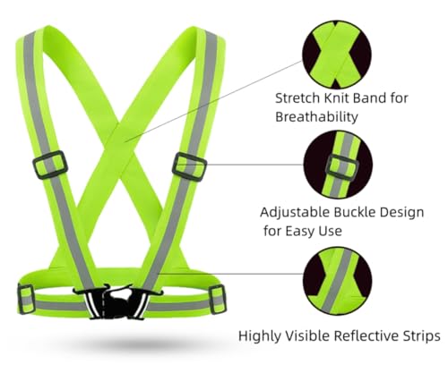 Running Reflective Vest Elastic Adjustable Reflective Vest 2 Pieces with 4 High-Visibility Reflective Belts for Nighttime Running Biking Motorcycle Dog Walking fits Men Women Kids - color: Green
