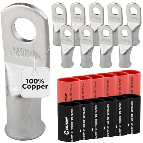 SELTERM 10pcs - 1 Awg - 5/16" Stud - Battery Lugs - Ring Terminal Connectors | with 12pcs 3:1 Black & Red Heat Shrink Tubing with Adhesive | Heavy Duty Battery Cable Ends - Tinned Copper Wire Lugs Kit - color: Tinned Copper Lugs + Heat Shrinks, size: 1 Aw