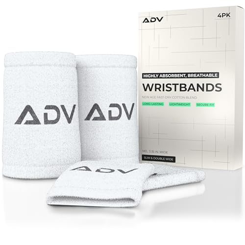 ADV Tennis Wristbands with New Age Polyester Cotton Blend - Ultra Absorbent Wrist Sweatbands - Doublewide & Slim Wrist Bands for Sweat - 4 Pack or 2 Pack - color: 4-Pack White, size: Medium-Large