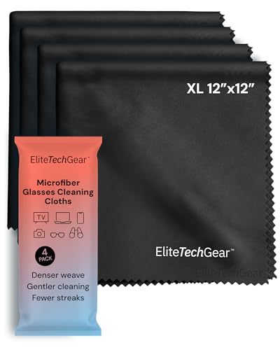 Elite Tech Gear Large Microfiber Cleaning Cloth (4-Pack) 12" x 12" - Glasses Cleaning Cloth for TV Screens, Camera Lenses and Tablets (Black) - color: Black, size: 12'' x 12'' (Pack of 4)