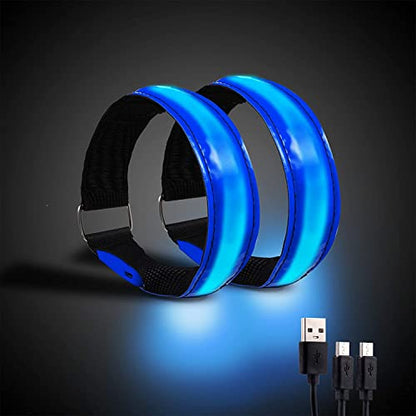 2 Pack Rechargeable LED Reflective Armband, High Brightness High Visibility Night Safety Light Band, Wearable Flashing LED Gear for Running, Walking, Biking and Outdoor Activities - color: blue