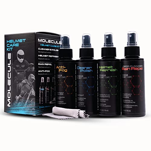 Molecule Helmet Care Kit | Complete Helmet Cleaning System | Anti-Fog, Cleaner Polish, Refresh & Rain Repel | For Helmets, Visors & Goggles | 4 oz + 3 Microfiber Towels