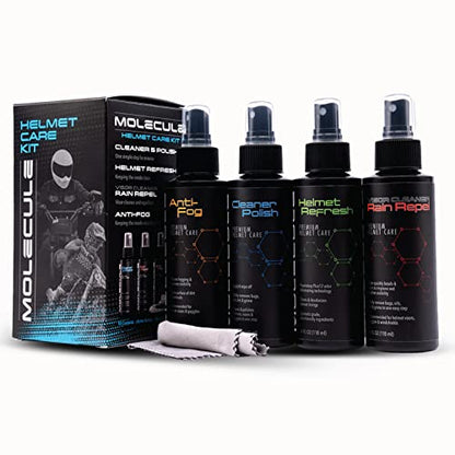 Molecule Helmet Care Kit | Complete Helmet Cleaning System | Anti-Fog, Cleaner Polish, Refresh & Rain Repel | For Helmets, Visors & Goggles | 4 oz + 3 Microfiber Towels
